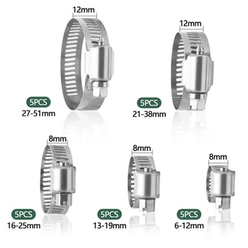 Sada 25 hadicových spon, nastavitelné hadicové spony z nerezové oceli 6-51 mm, 5 velikostí pro