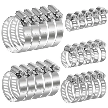 Sada 25 hadicových spon, nastavitelné hadicové spony z nerezové oceli 6-51 mm, 5 velikostí pro