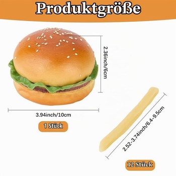 CREATCABIN Umelý hamburger a 12 umelých hranolčekov Realistická replika burgera Živé rekvizity Sada
