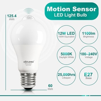 LED žiarovka DiCUNO E27 s PIR pohybovým senzorom, 12W, studená biela 5000K, balenie po 2 ks