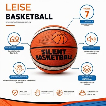 Tichá basketbalová lopta veľkosti 7 s látkovým poťahom – protišmyková PU pena, vysoký odskok a
