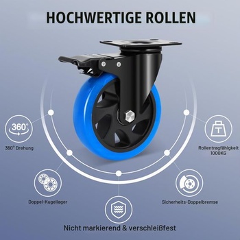 Odolné ploché kolieska 125 mm so 4 dvojitými brzdami, nosnosť 1000 kg, otočné kolieska o 360°, gumové
