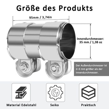 Výfuková svorka, dvojitá svorka z nerezovej ocele 35 x 95 mm, spojka výfukového potrubia s dvojitou