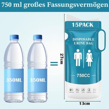 KOMABLEN 15dielne balenie prenosných cestovných vreciek na moč, 750 ml, jednorazové vrecká na moč s