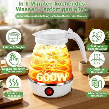 Skládací cestovní konvice o objemu 600 ml, malá silikonová konvice, kempingová konvice, rychlý var