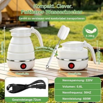 Skládací cestovní konvice o objemu 600 ml, malá silikonová konvice, kempingová konvice, rychlý var