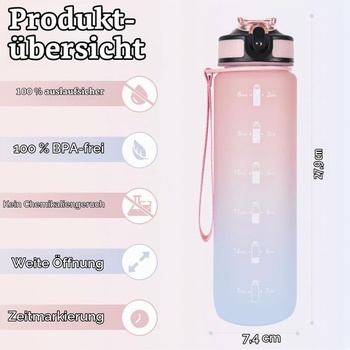 1l športová fľaša na vodu so slamkou, časové značky, nepriepustná, tritán bez BPA, fľaša na vodu do