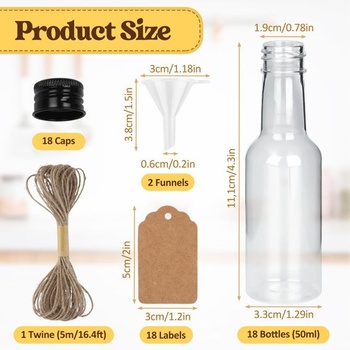 18 mini plastových fľaštičiek od likéru, 50ml, malé fľaštičky na plnenie, s 2 mini lievikmi, 18