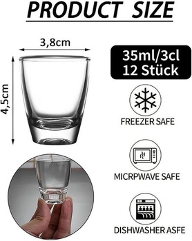 12 panákov, 35ml/3cl, číre sklo s hrubým dnom, priehľadné panáky, malé poháre na likér, vhodné do