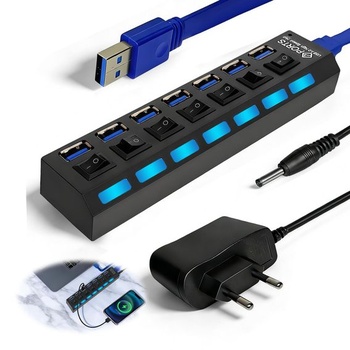 7portový USB Hub s LED vypínačmi, samostatný USB 3.0+2.0…
