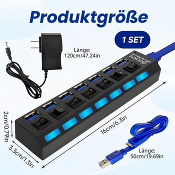 7portový USB Hub s LED vypínači, samostatný USB 3.0+2.0 multiportový Hub s 5V 1A napájecím zdrojem