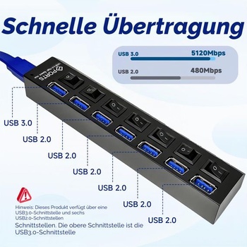 7portový USB Hub s LED vypínačmi, samostatný USB 3.0+2.0 multiportový Hub s 5V 1A napájacím zdrojom