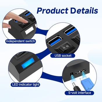 7portový USB Hub s LED vypínačmi, samostatný USB 3.0+2.0 multiportový Hub s 5V 1A napájacím zdrojom