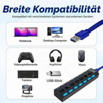 7portový USB Hub s LED vypínači, samostatný USB 3.0+2.0 multiportový Hub s 5V 1A napájecím zdrojem
