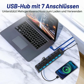 7portový USB Hub s LED vypínači, samostatný USB 3.0+2.0 multiportový Hub s 5V 1A napájecím zdrojem