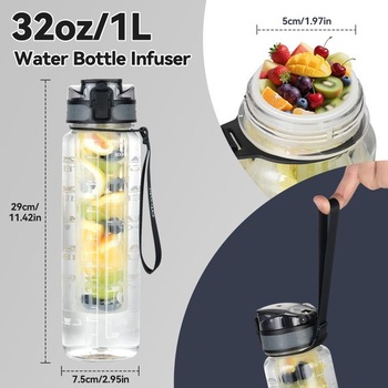 Láhev na vodu OTraki 1l, tritanová sportovní láhev bez BPA s infuzérem, nepropustná, bezpečně