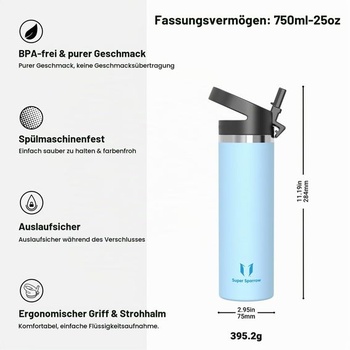 Termoska Sparrow z nerezovej ocele 750ml so slamkou a viečkom, mraznička 750ml