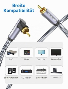 RCA kabel pro subwoofer 8m, 90° RCA konektor, 75 ohmů, pozlacený 24K zlatem, šedý - 1x 90° RCA