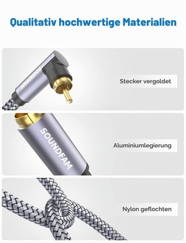 RCA kabel pro subwoofer 8m, 90° RCA konektor, 75 ohmů, pozlacený 24K zlatem, šedý - 1x 90° RCA