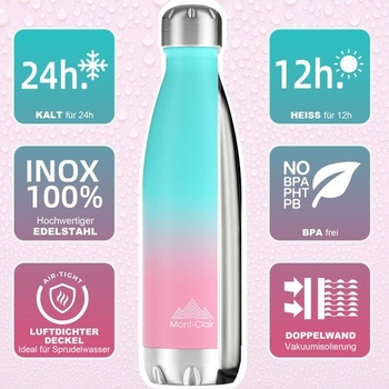 Nerezová láhev na vodu 500 ml - Nepropustná termoska, bez BPA, přechodová azurově růžová, 500 ml