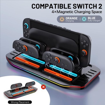 Nabíjacia stanica LONGYI pre Switch 2, magnetická nabíjačka 4 v 1 pre ovládače Joy-Con 2 s 9farebným