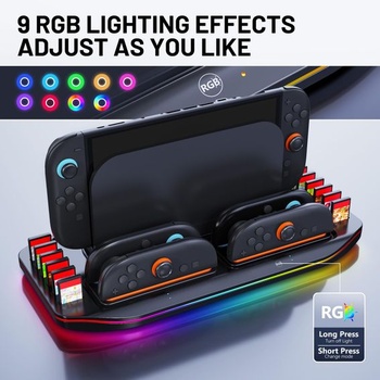 Nabíjacia stanica LONGYI pre Switch 2, magnetická nabíjačka 4 v 1 pre ovládače Joy-Con 2 s 9farebným