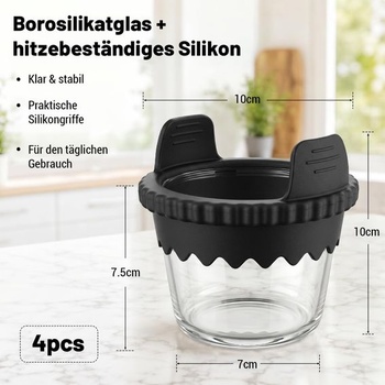 Sklenená panvica na muffiny BYKITCHEN do fritézy so silikónovými rukoväťami, sada 4 kusov
