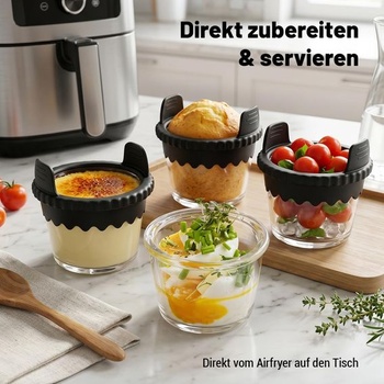 Sklenená panvica na muffiny BYKITCHEN do fritézy so silikónovými rukoväťami, sada 4 kusov
