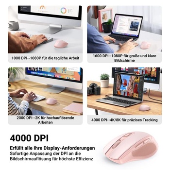 Bezdrátová myš UGREEN 2.4G s rozlišením 4000 DPI a USB přijímačem, růžová