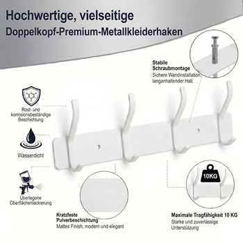 Biely kovový vešiak na kabáty, nástenný vešiak na kabáty so 4 dvojitými háčikmi, 25cm lišta na háčiky k