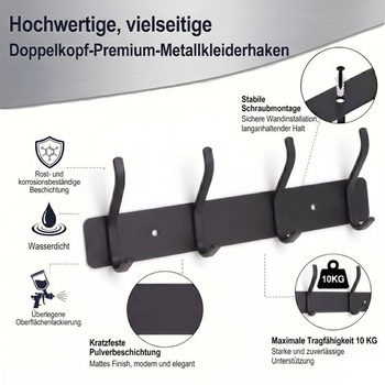 Čierny kovový vešiak na kabáty, nástenný vešiak na kabáty so 4 dvojitými háčikmi, 25cm lišta na háčiky k