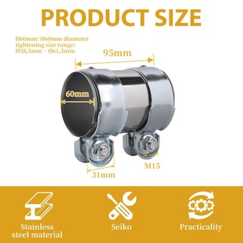 LALAGO výfuková svorka, nerezová spojka potrubia Ø60mm/D: 95mm, dvojitá svorka Ø 60mm / D: 95mm