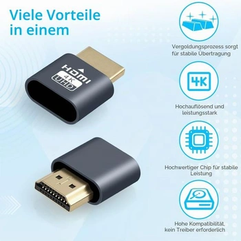 AXFEE 2PCS HDMI zástrčka, bezhlavý Ghost Display, emulátor, hliník, šedá - 2 kusy