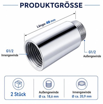 Prodloužení 1/2 palce, prodloužení kohoutku G1/2, 2 kusy, trubky 40 mm