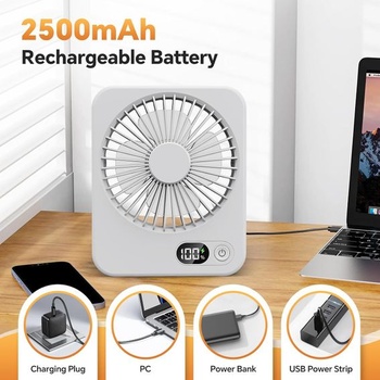 USB stolní ventilátor, malý 2500mAh napájený baterií, tichý mini stolní ventilátor s LED displejem,