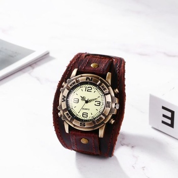 Pánske hodinky JewelryWe z pravej kože - steampunk retro analógové quartzové náramkové hodinky