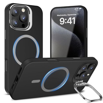 Magnetický kryt Misscase pre iPhone 16 Pro so stojanom na kameru, čierny + držiak pre iPhone 16 Pro