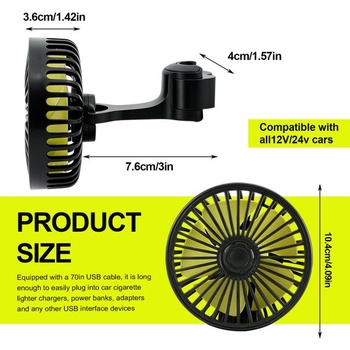 USB ventilátor do auta na zadné sedadlo, otočný o 360 °
