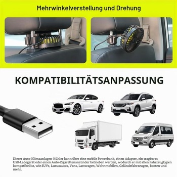 USB ventilátor do auta na zadné sedadlo, otočný o 360 °
