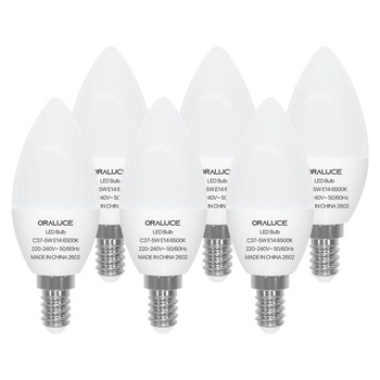ORALUCE E14 LED žiarovka v tvare sviečky, teplá biela, 5 wattov, 6500K, E14, balenie po 6 ks