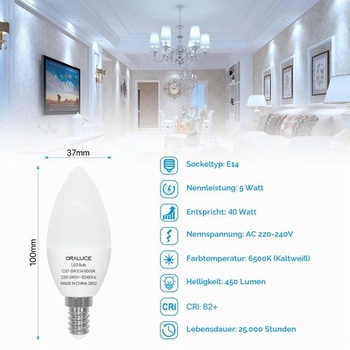 ORALUCE E14 LED žiarovka v tvare sviečky, teplá biela, 5 wattov, 6500K, E14, balenie po 6 ks