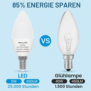 ORALUCE E14 LED žiarovka v tvare sviečky, teplá biela, 5 wattov, 6500K, E14, balenie po 6 ks