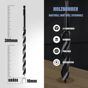 Vrták do dřeva 10x300 mm, vrták do dřeva pro měkké a tvrdé dřevo se středicím hrotem a stopkou E 9,5