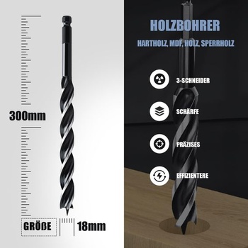 Vrták do dreva 18x300 mm, vrták do dreva pre mäkké a tvrdé drevo so strediacim hrotom a stopkou E 9,5