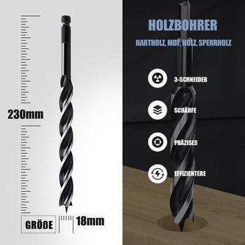 Vrták do dreva 18x230 mm, vrták do dreva pre mäkké a tvrdé drevo so strediacim hrotom a stopkou E 9,5