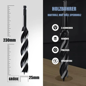 Vrták do dreva 25x230 mm, vrták do dreva pre mäkké a tvrdé drevo so strediacim hrotom a stopkou E 9,5