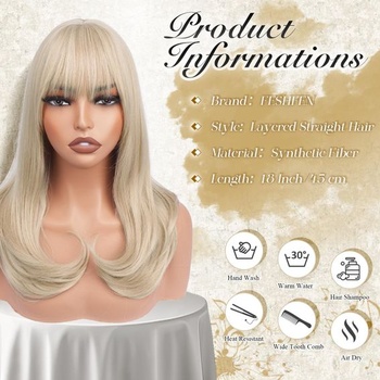 FESHFEN Blond parochňa pre ženy, syntetické vrstvené parochne s ofinou, svetlo blond