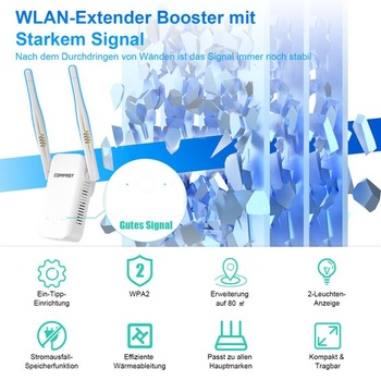 COMFAST WiFi zosilňovač, WiFi opakovač s 300 Mbps, 2 anténami a tlačidlom WPS, indikátorom signálu,