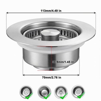 Sitko do kuchynského drezu, 3v1 výsuvná zátka z nerezovej ocele, hĺbka >40 mm