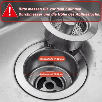 Sitko do kuchynského drezu, 3v1 výsuvná zátka z nerezovej ocele, hĺbka >40 mm